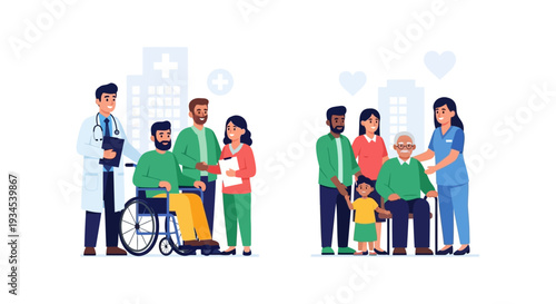 Caring Healthcare & Family Support System: Doctor, Nurse, Disabled Patient, Elderly Man, and Relatives
