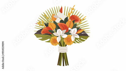 Vibrant tropical bouquet with exotic flowers and leaves