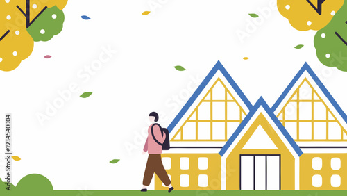 Woman walking towards modern house in autumn