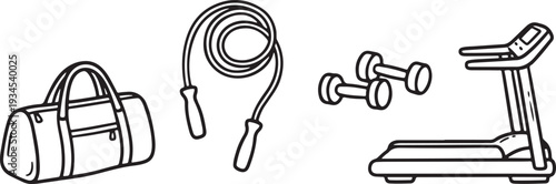 Fitness and gym equipment line icon set of treadmill, dumbbells, jumping rope.