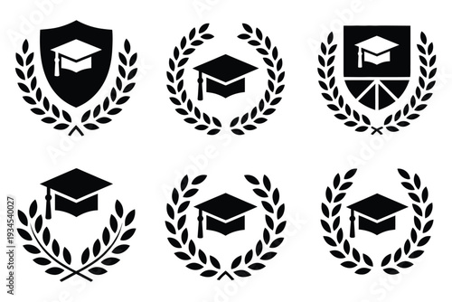 Set of graduation cap and laurel wreath emblems for academic achievement and success, educational symbols on transparent background