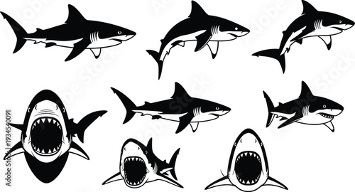 Shark Silhouette Ocean Sea Predator Icon Collection,shark silhouette icons, ocean shark graphics, sea predator symbols, shark fish illustrations, marine shark designs,
