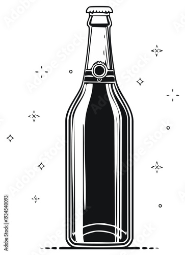Bottle of beer illustration, outline, with decorative sparkle elements