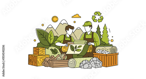 Two workers in a natural setting inspect a roll of eco-friendly material with a leaf design, surrounded by wood, stone, and mountains.