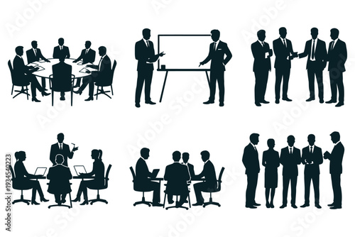 Silhouettes of business people in meeting presentation handshake and discussion groups vector set illustration