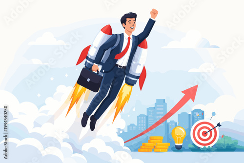 Successful Businessman Flying with Jetpack for Career Growth and Ambition. Concept of Business Development, Startup Launch, and Achieving Goals with Innovation, Leadership, and Motivation.