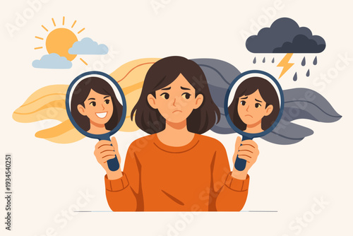 Bipolar Disorder Concept with Woman Holding Two Mirrors Showing Happy and Sad Faces, Mental Health Awareness Illustration of Mood Swings, Emotional Conflict, Depression and Mania, Vector Design