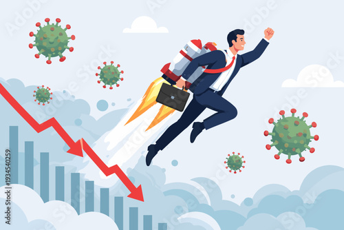 Businessman with Jetpack Flying Upwards During Economic Crisis and COVID-19 Outbreak, Concept of Business Recovery, Startup Growth, and Success in Recession with Downward Graph and Virus Particles