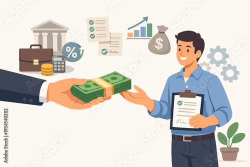 Business loan and bank offer concept with a man receiving money for a small business agreement. Personal loan, entrepreneur lending, financial investment, and credit approval flat illustration.