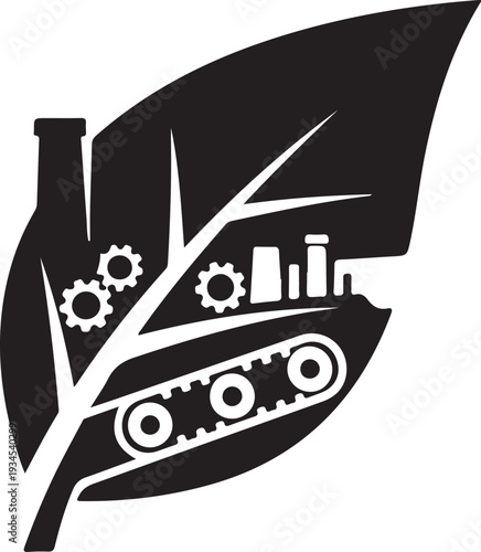Industrial elements integrated into a leaf symbolizing ecofriendly manufacturing process naturally