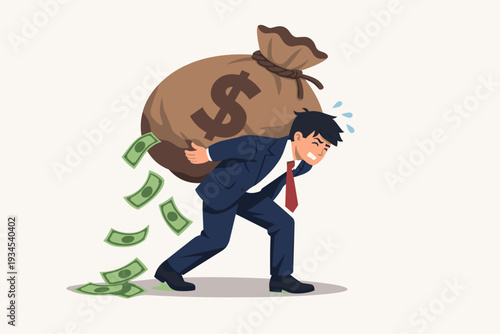Businessman struggling under the weight of a massive money bag with dollar sign leaking cash, representing financial debt, heavy loan burden, economic pressure, bankruptcy, and tax liability.
