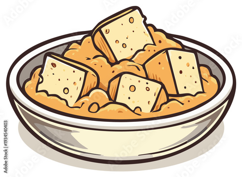 Cartoon illustration of a bowl of savory stew with large tofu cubes.