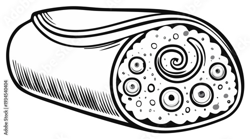 Burrito Illustration, Cross Section Showing Filling Details, Black and White