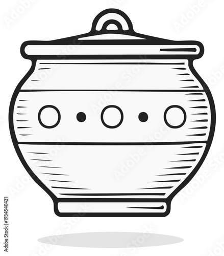 Illustrated pottery vessel with lid, traditional design