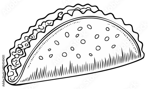 Outline drawing of a crispy taco with filling and textured shell