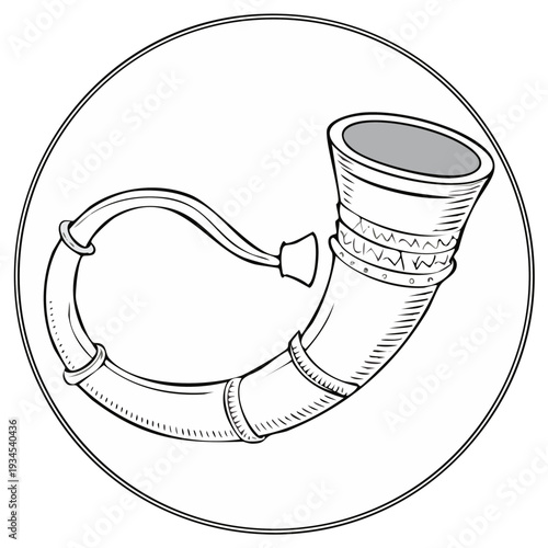 Illustration of a Circular Hunting Horn with Ornamental Details and Scroll Design in Black and White