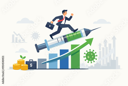 Businessman running on a giant vaccine syringe towards economic recovery and financial growth after the COVID-19 pandemic crisis, represented by rising bar charts, green arrows, and gold coins.