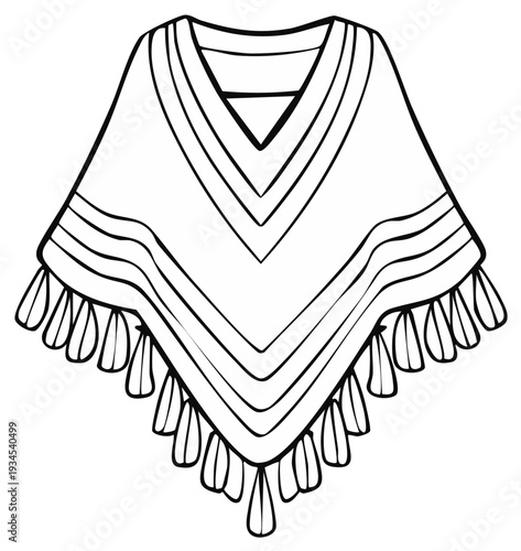 Outline illustration of a traditional poncho with tassels for coloring books or design resources