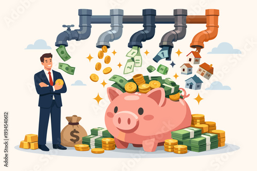 Businessman standing by a large piggy bank with multiple pipes pouring cash, coins, and houses, illustrating multiple streams of income, passive revenue, financial freedom, and wealth growth.