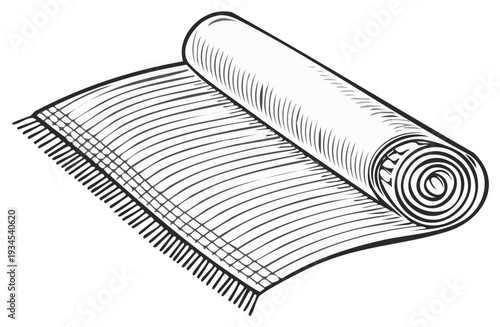 Engraved Illustration of a Rolled Rug with Fringed Edge