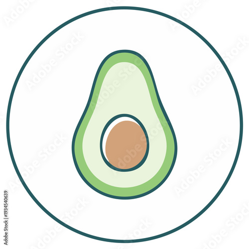 Stylized avocado half icon with seed simple line art illustration for healthy food and vegan lifestyle