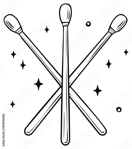 Three Q-Tips Stylized Arrangement, Line Art Design With Stars, Hygiene and Beauty Accessories Illustration