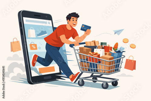 Online shopping and mobile commerce concept with young man holding credit card and pushing a full shopping cart out of a smartphone screen, fast delivery and digital payment vector illustration
