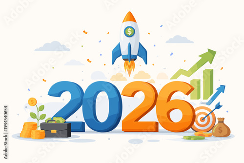 2026 New Year business growth and economic recovery concept featuring a rocket launch, financial stimulus, investment success, money coins, growth charts, and target for future planning.