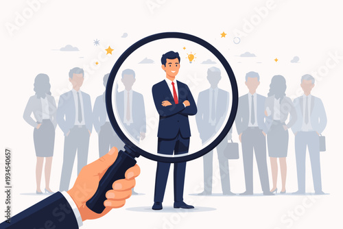 Professional Businessman Selected from a Crowd of Candidates with a Magnifying Glass, Human Resources Recruitment and Talent Search Concept for Job Hiring, Leadership and Career Growth Success.