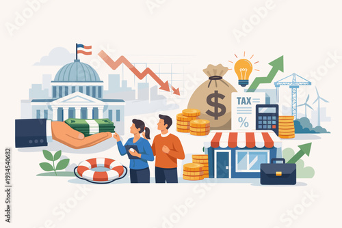 Government Fiscal and Monetary Stimulus Policy Concept with Hand Giving Money to Citizens During Economic Recession, Financial Aid for Small Business, Tax Relief, and National Economic Recovery