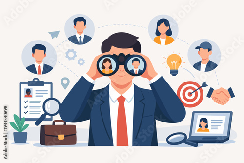HR Manager Searching for Candidates through Binoculars for Job Vacancy Recruitment. Human Resources Talent Acquisition, Headhunting, Hiring Process, and Professional Career Selection Illustration.