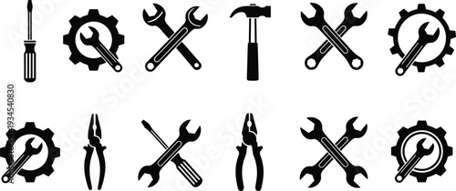 Repair tools icon set including wrench screwdriver hammer pliers gear symbols isolated black silhouette mechanic service vector illustration