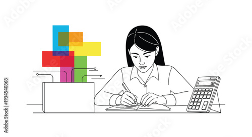 A minimalist line art illustration of a professional woman writing at a desk with a calculator and a laptop showing colorful data visualization.