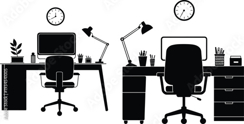 Modern office workstation silhouette, corporate desk setup with computers chairs lamps clocks cabinets and plants flat vector illustration
