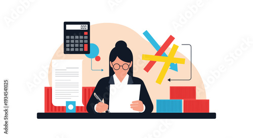 A flat design vector illustration of a businesswoman at her desk analyzing documents with a calculator and abstract data flow graphics.
