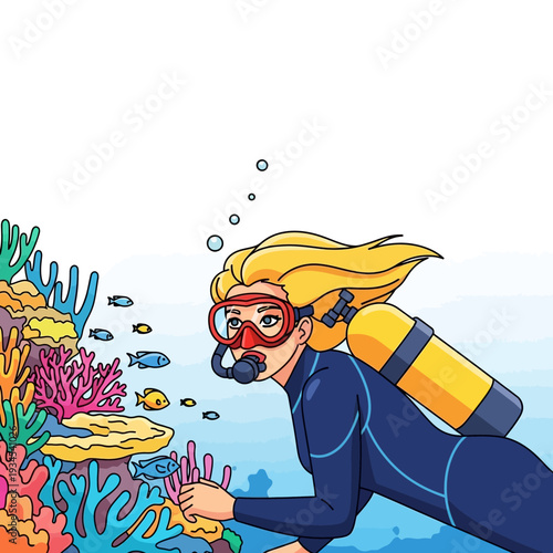 Blonde woman scuba diving near vibrant coral reef and small fish