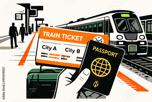 Train Ticket and Passport Travel Concept. Passenger holding train ticket and passport at station.
