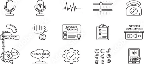 Speech therapy and audio training icons for communication skills.