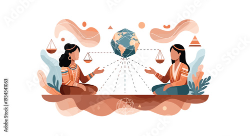 A stylized illustration of two women holding scales of justice, balanced by a central geometric globe representing global harmony or trade.