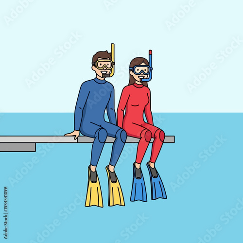 Couple in wetsuits and snorkel gear sitting on diving board over blue water