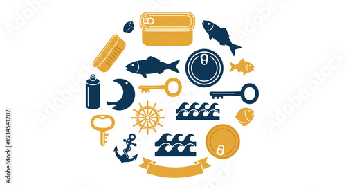 A collection of nautical and canned food icons, including fish, keys, an anchor, and tins, are arranged in a perfect circle on a clean white background.