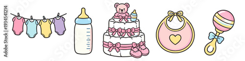 Collection of cute baby shower essentials including onesies, bottle, diaper cake, bib, and rattle