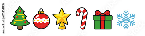 Collection of festive Christmas icons including a tree, ornament, star, candy cane, gift, and snowflake