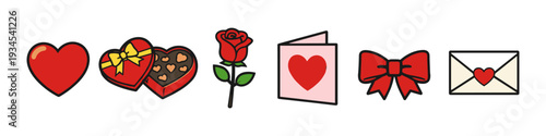 Collection of Valentine's Day symbols including a heart, chocolates, rose, card, bow, and envelope