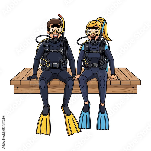 Couple Scuba Divers Sitting on Wooden Dock Ready for Underwater Adventure