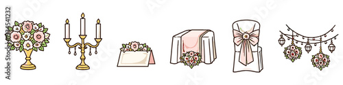 Collection of wedding reception decorative elements and floral arrangements