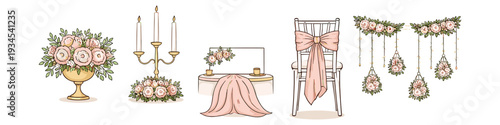 Elegant wedding decorations featuring floral arrangements, candelabra, and chair adornments