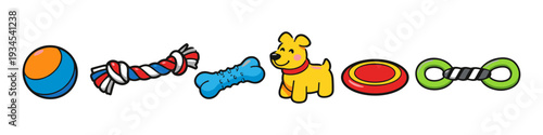 Colorful cartoon dog toys and accessories in a playful arrangement