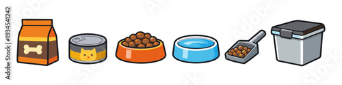 Collection of pet food items including kibble, canned food, water bowl, and storage container