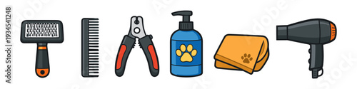 Collection of pet grooming tools including a brush, comb, nail clippers, shampoo, towel, and dryer